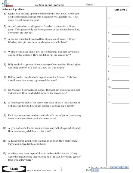 Multiplying Fraction by a whole (word) Worksheet - Fraction Word Problems  worksheet